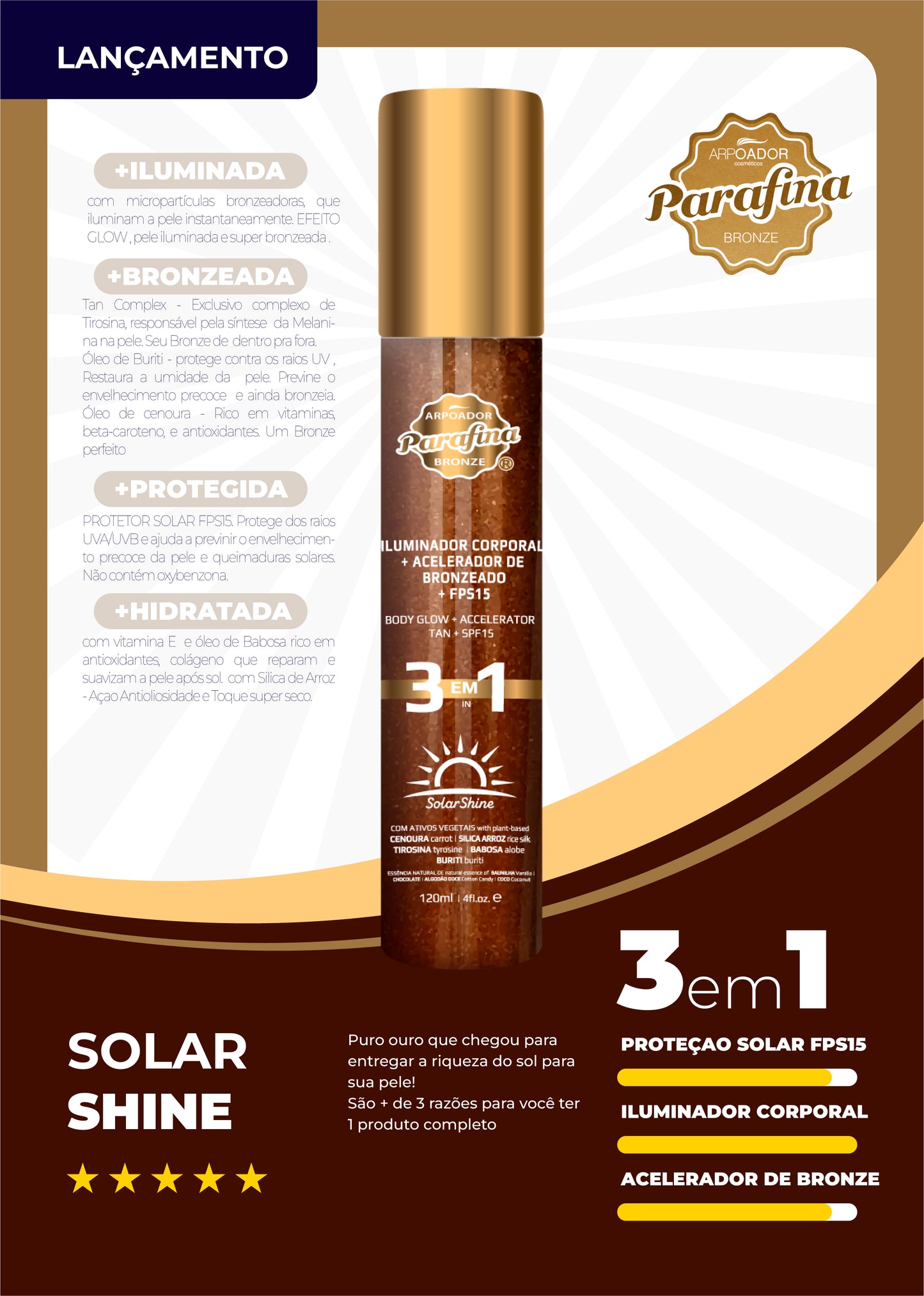 SolarShine 3x1 Glow+Prot.Solar FPS15+Acelerador Bronze (Bronzeamento Super Rápido)